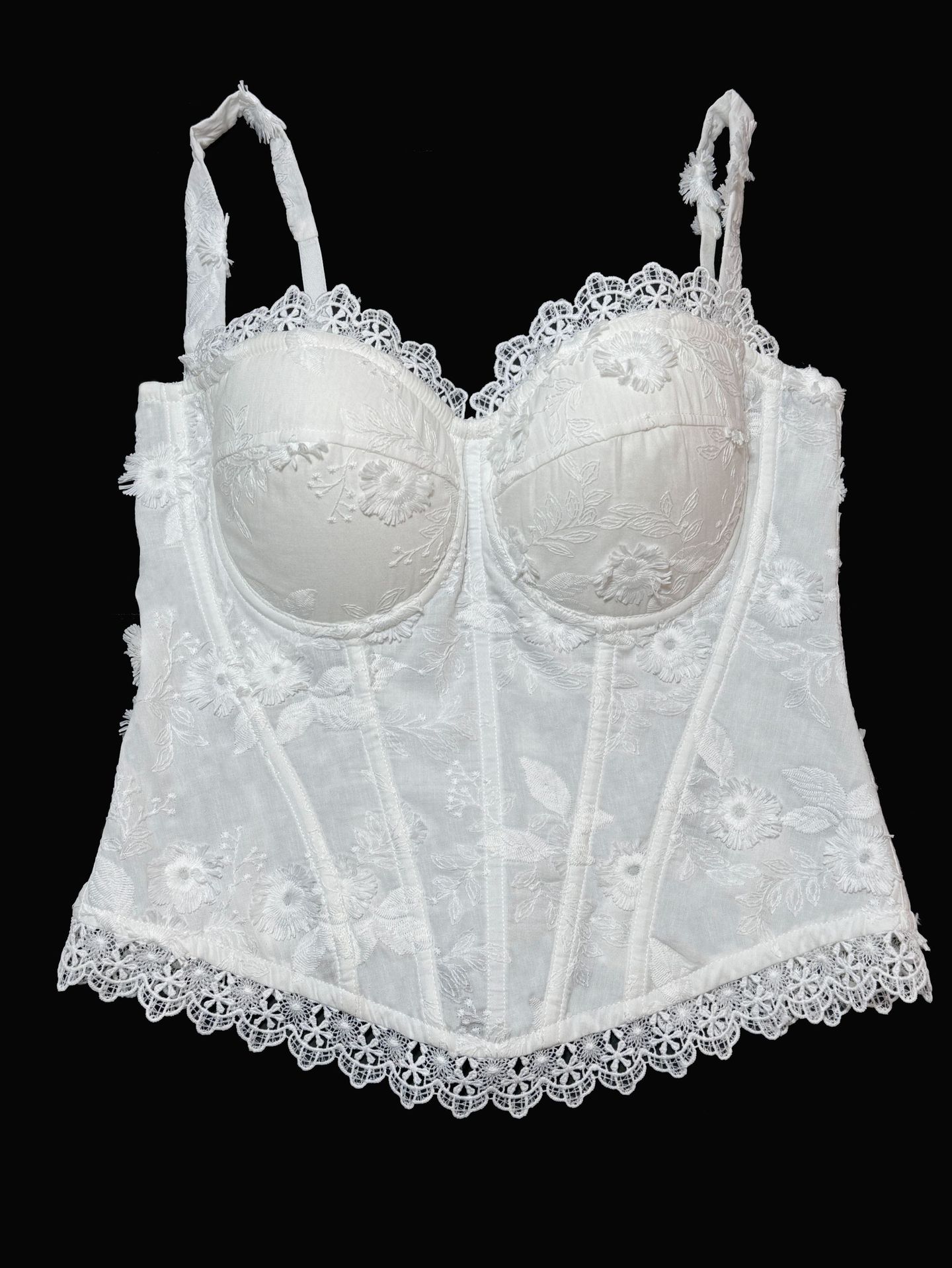 White Lace Cami Corset Top - 3D Floral Embroidery Bone Shaper Bustier